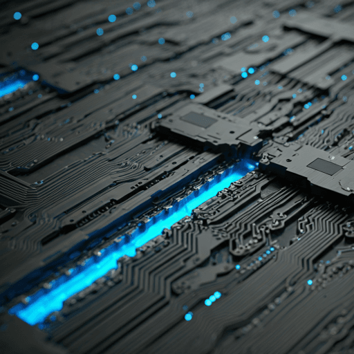 Macro photograph of high-tech circuit patterns with glowing data streams.