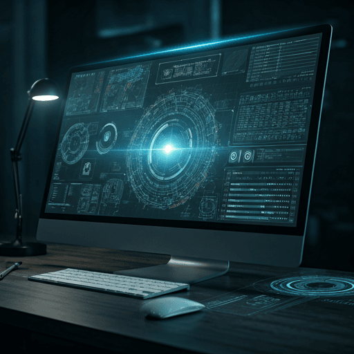 Engineering blueprint overlaid with AI schematics.